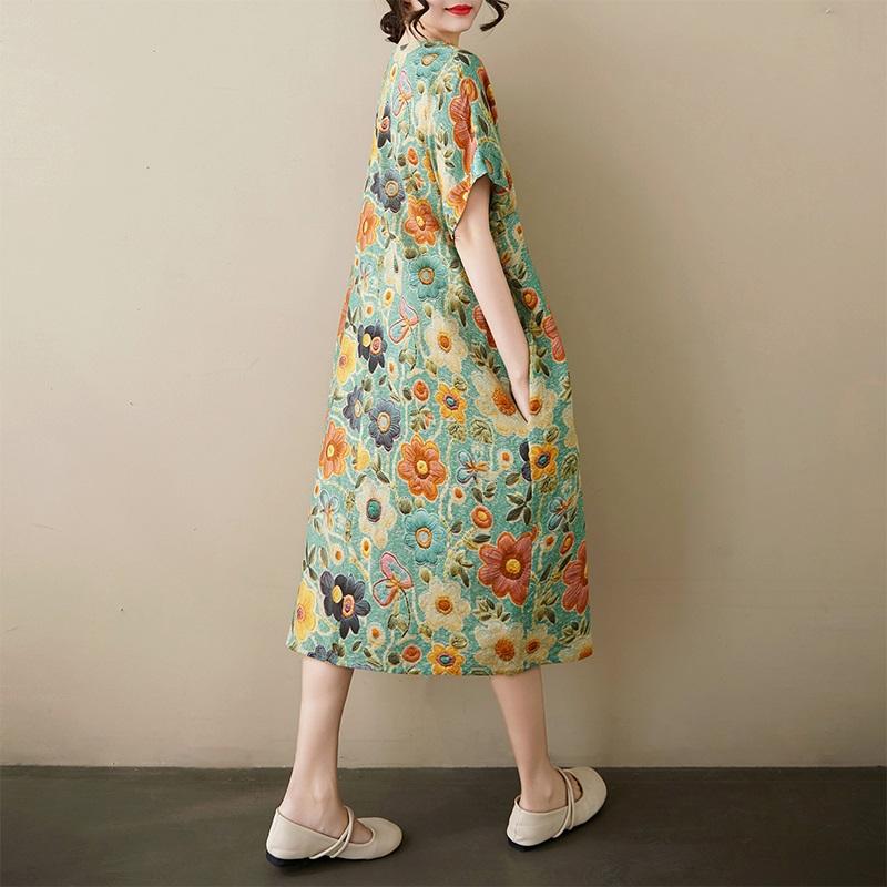 Short Sleeve Plus Size Cotton Vintage Floral New In Dresses for Women Casual Loose Long Summer Dress