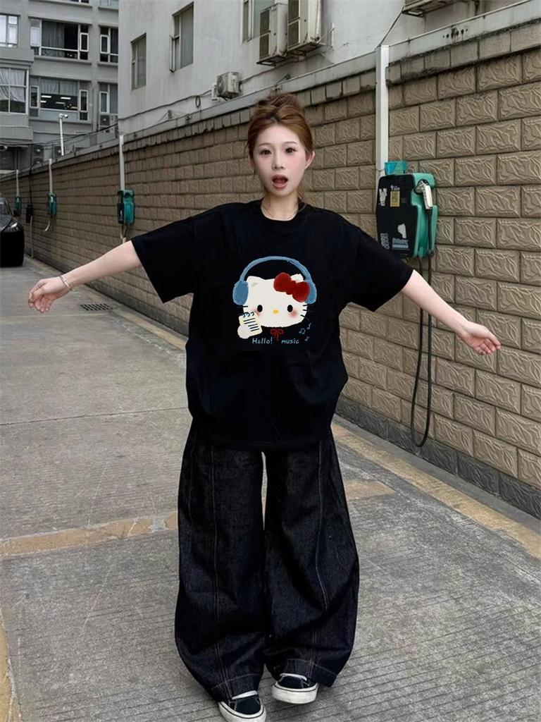 Women's Black Pure Cotton Loose-Fit Short-Sleeve T-Shirt - High Street Trend, Summer 2026, Plus Size 300 Jin