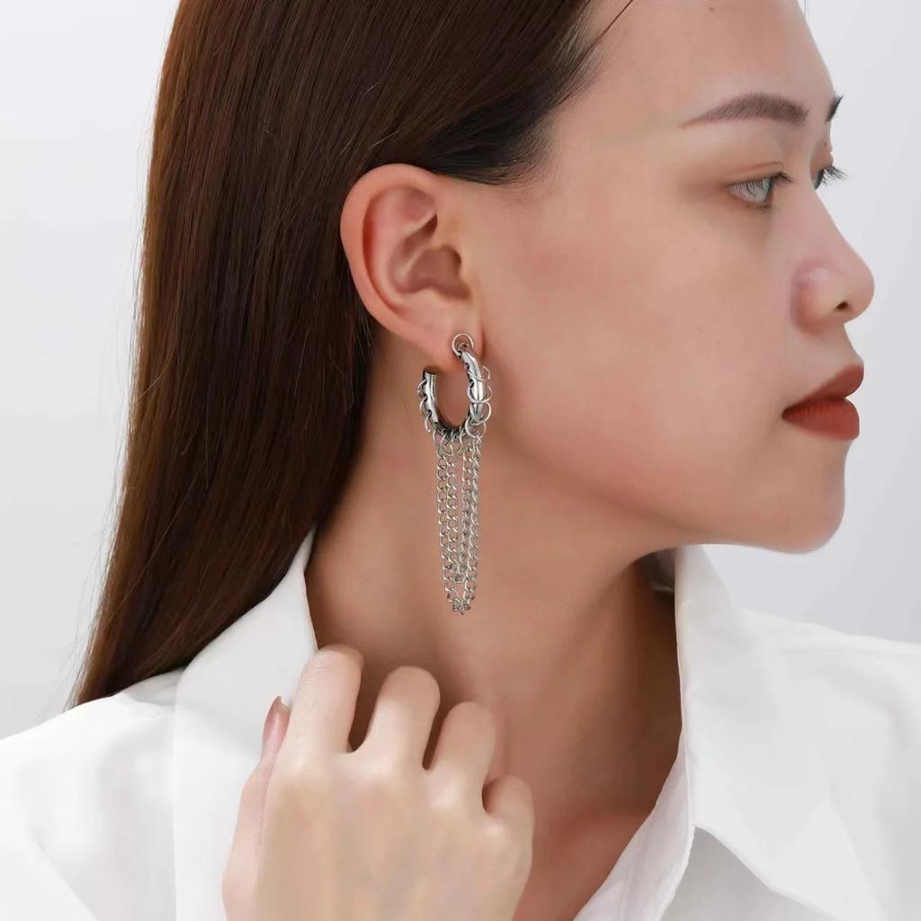 Damen Persönlichkeit Übertriebene Lange Ohrringe C-Form Kette Quaste Hängend Asymmetrische Piercing-Ohrringe Y2k Hiphop Zirkon