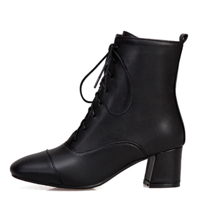 Stivaletti alla Caviglia da Donna alla Moda Autunno Inverno Nero Bianco Scarpe da Festa Femminili Casual Tacco Basso Stivaletto Corto Allacciato Taglia Grande 34- 45