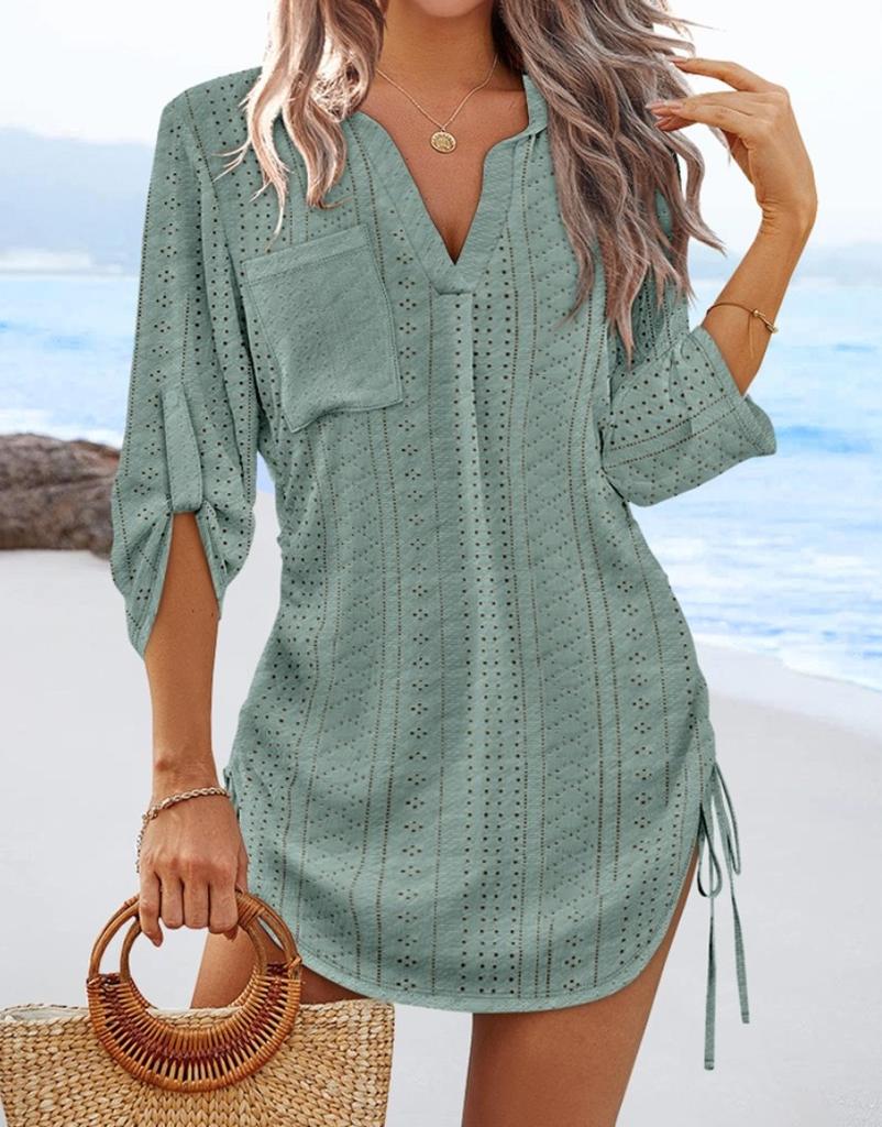 Drawstring Mini Dresses Spring Summer Hollow Out Fabric Long Sleeve Beach Dress Casual Vacation Short Dress