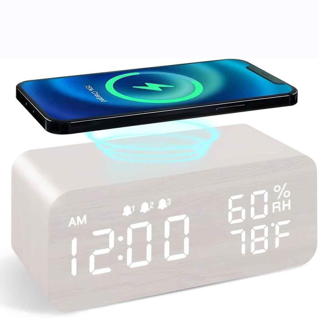 Smart Wooden Alarm Clock with Humidity Wireless Charging Student-specific Digital LED Creative Wooden Clock