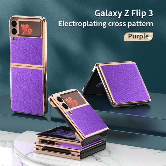 Plain Leather Case For Samsung Galaxy Z Flip 3 Phone Shell Z Flip Folding Screen Electroplating All -Inclusive Anti -Fall Holster