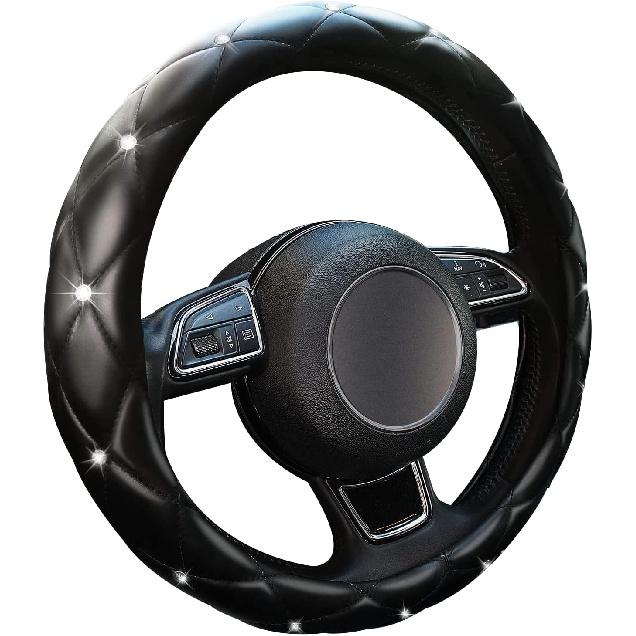 Cute Sparkly Black Car Steering Wheel Cover, Soft Breathable Anti-Slip PU Leather Steering Wheels Covers With Diamond Bling Rhinestone,Universal