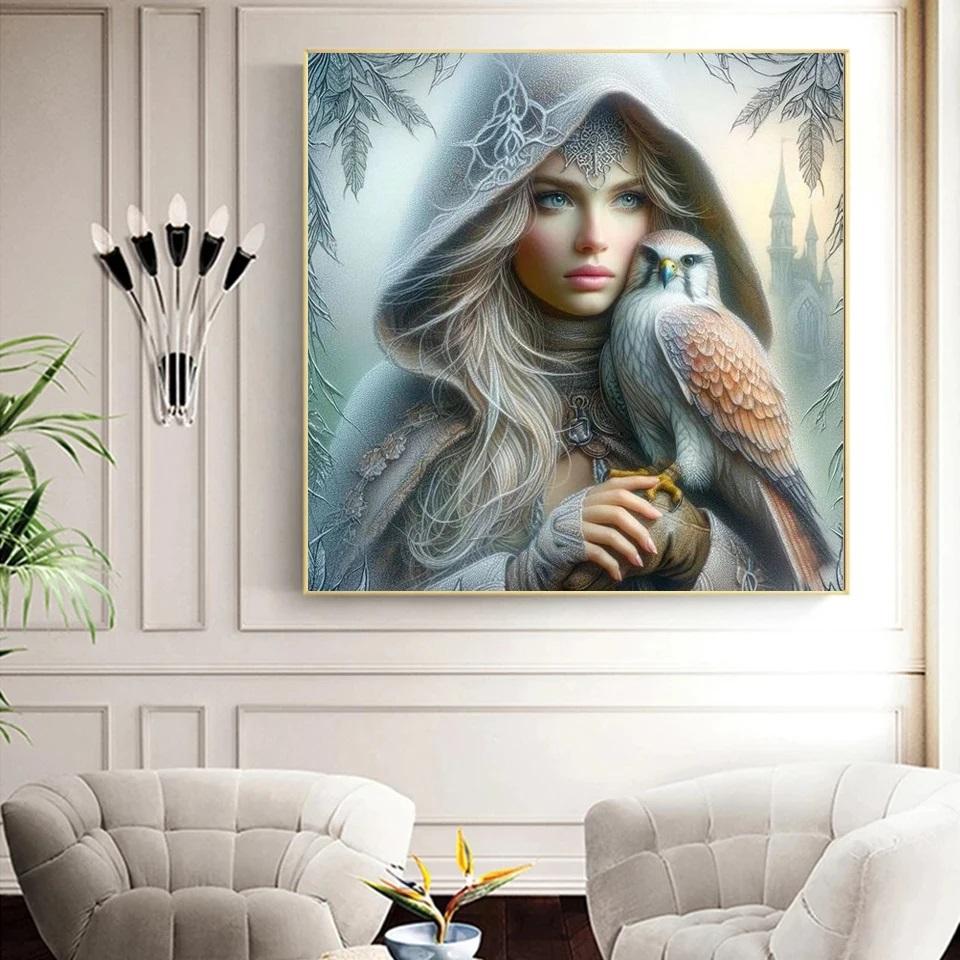 DIY Diamond Painting New 2024 Cross Stitch Kit Gothic Style Woman and Parrot Mosaic Diamond Embroidery Home Decoration
