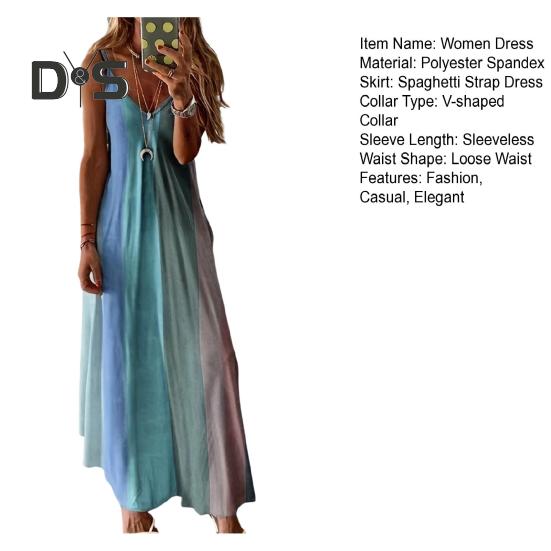 Women's Spaghetti Strap Gradient Long Dresses Summer Casual V Neck Flowy Maxi Dress Loose Beach Sundress