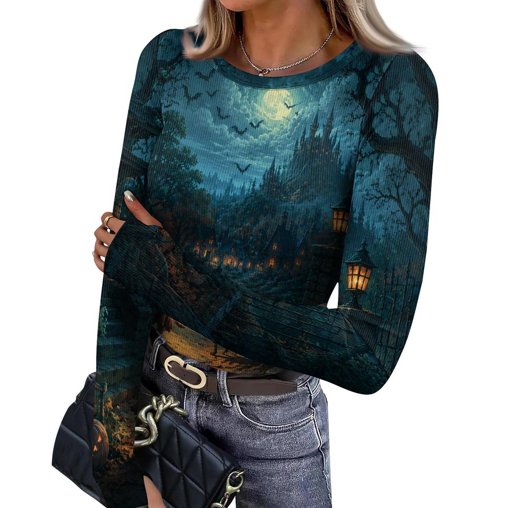 Women's Slim Fit Halloween Print Pullover Long Sleeve T Shirt Crew Neck Base Layer Top with Thumb Hole Cuffs Stretch Fabric