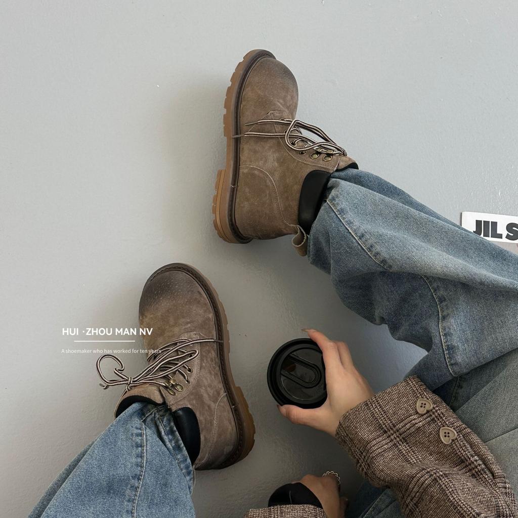 Cowhide version~ niche Q cute big yellow women's boots leather old Martin boots women's British style thick-soled short desert boots