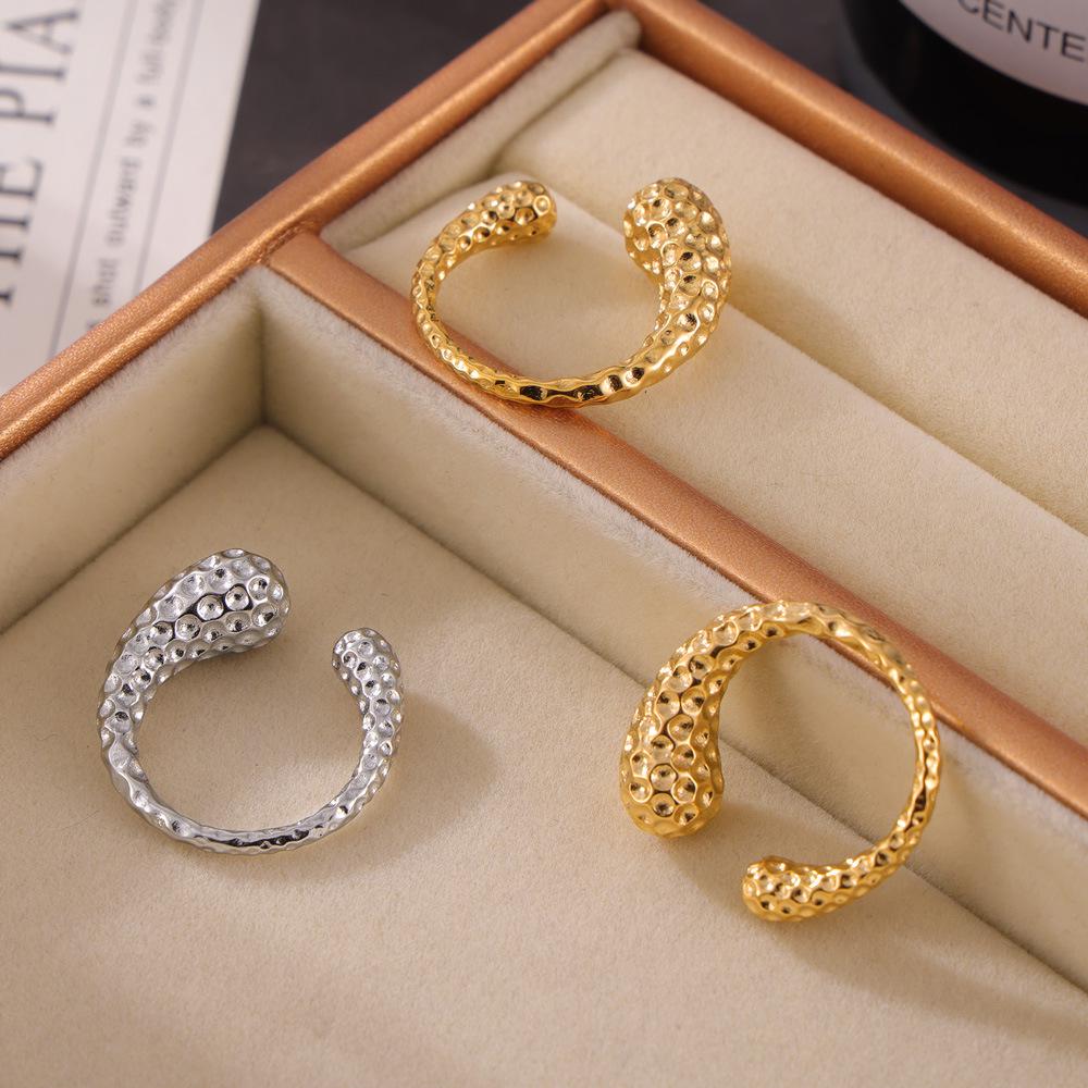 European & American Large Titanium Steel Water Drop Ring, 18K Gold Plated, Hammered Texture, Asymmetrical Open Design