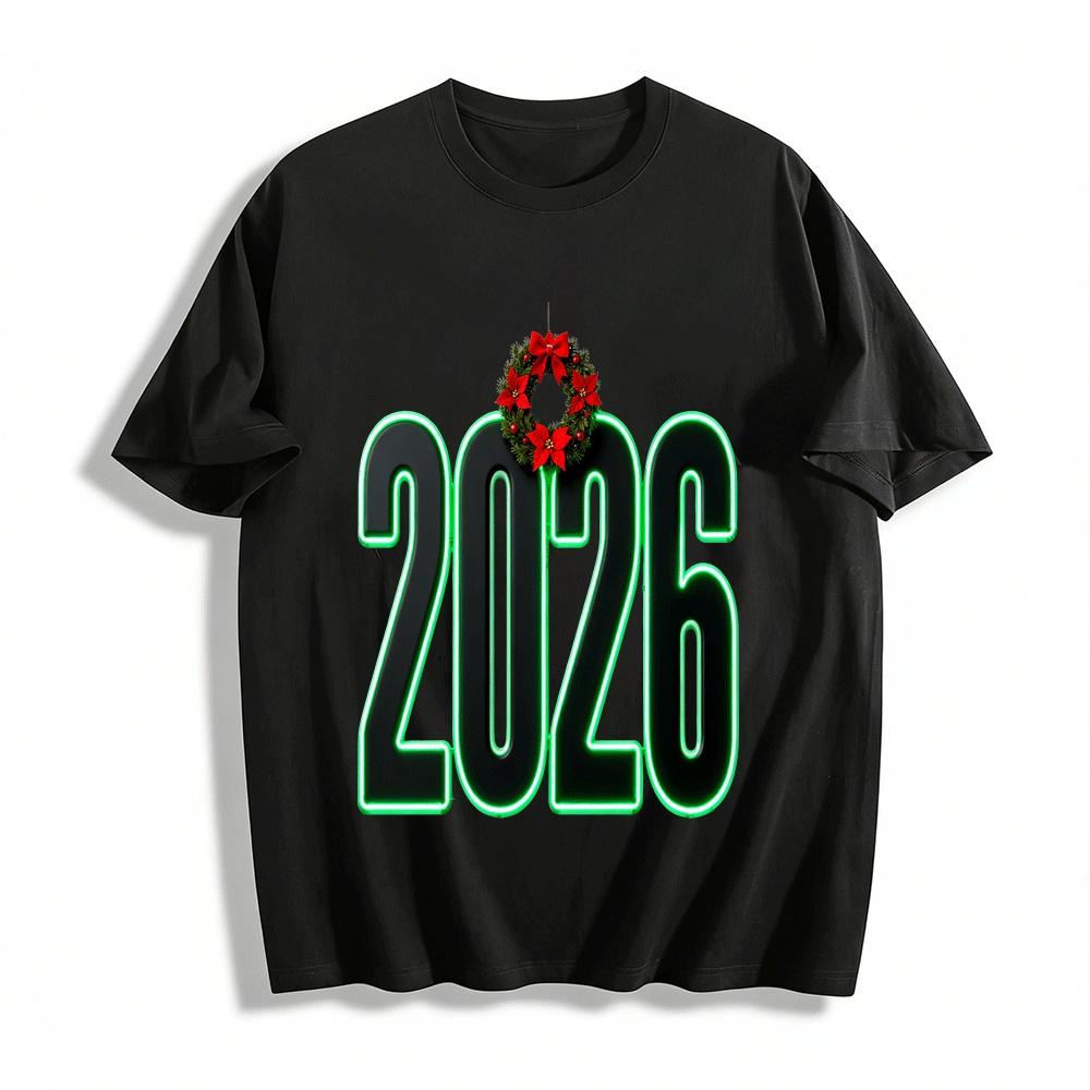 2026 New Year Christmas Wreath Print Casual Top For Men Women Pure cotton T-shirt XXS