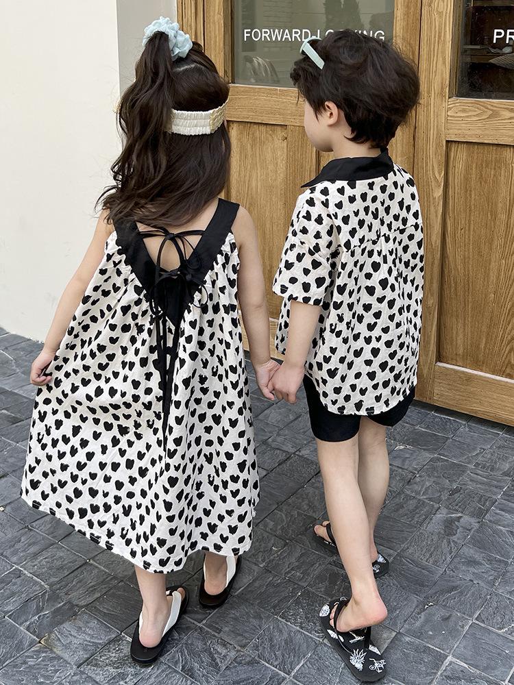 2025 Summer Sibling Outfits: Korean-Style Loose Sling Dress & Shorts Set for Boys and Girls