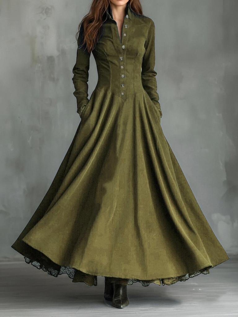 French Vintage Style Faux Suede Lace Trim Patchwork Shirt Dress