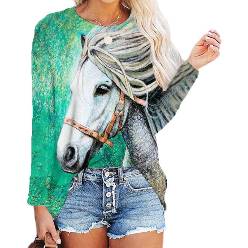 

Женские новые свободные повседневные футболки с круглым вырезом и длинным рукавом с принтом лошади 3D для пуловеров, женские модные топы весна-осень 2XL