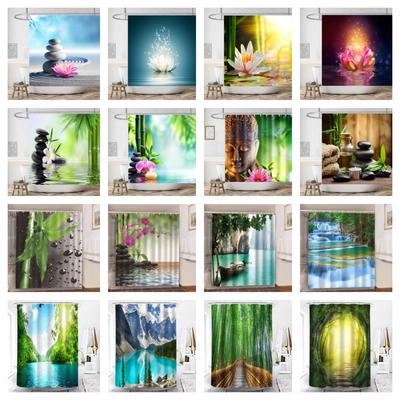 Ländliche Landschaft Creek Stein Lotus Buddha Duschvorhang Badezimmer Vorhang Stoff Wasserdicht Polyester Badezimmer Vorhang mit Haken