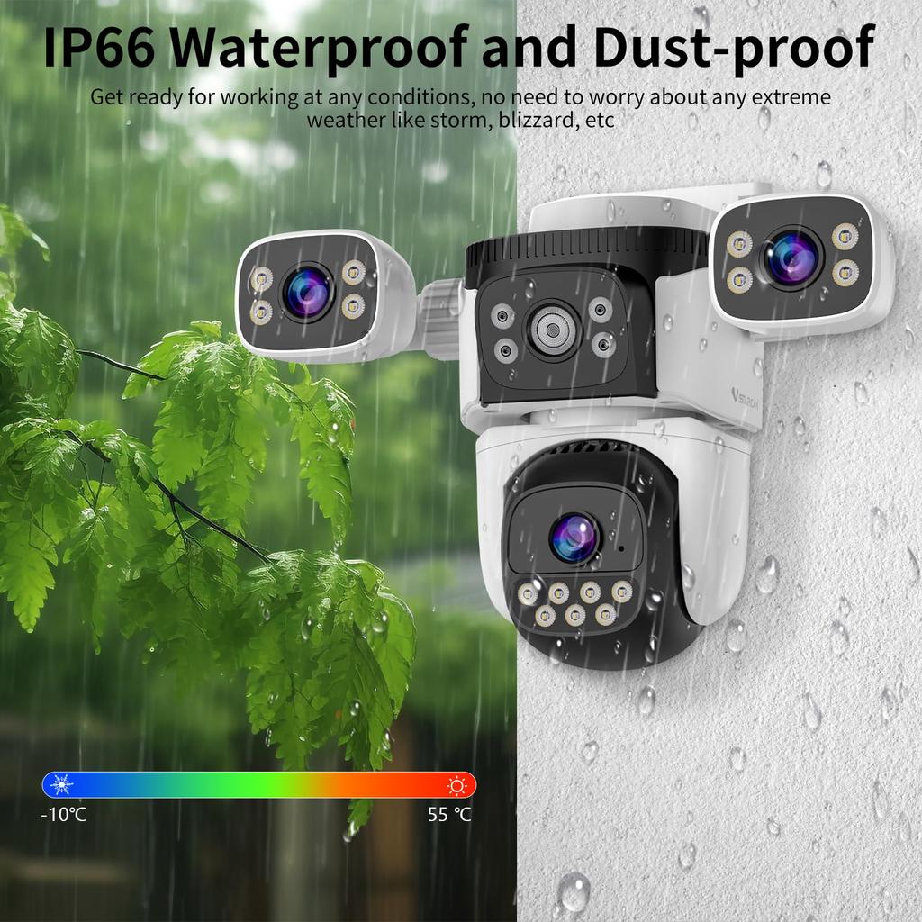 Three-Lens Security Camera Outdoor, 360° View Outside Camera, 2.4Ghz WiFi, Human Detection, Color Night Vision, Pan & Tilt, 10x Zoom,Two-Way Audio