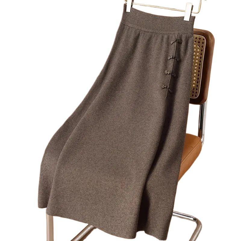 High Waist Elastic Wool Midi Skirt with Chinese Frog Buttons - Autumn/Winter Fashion