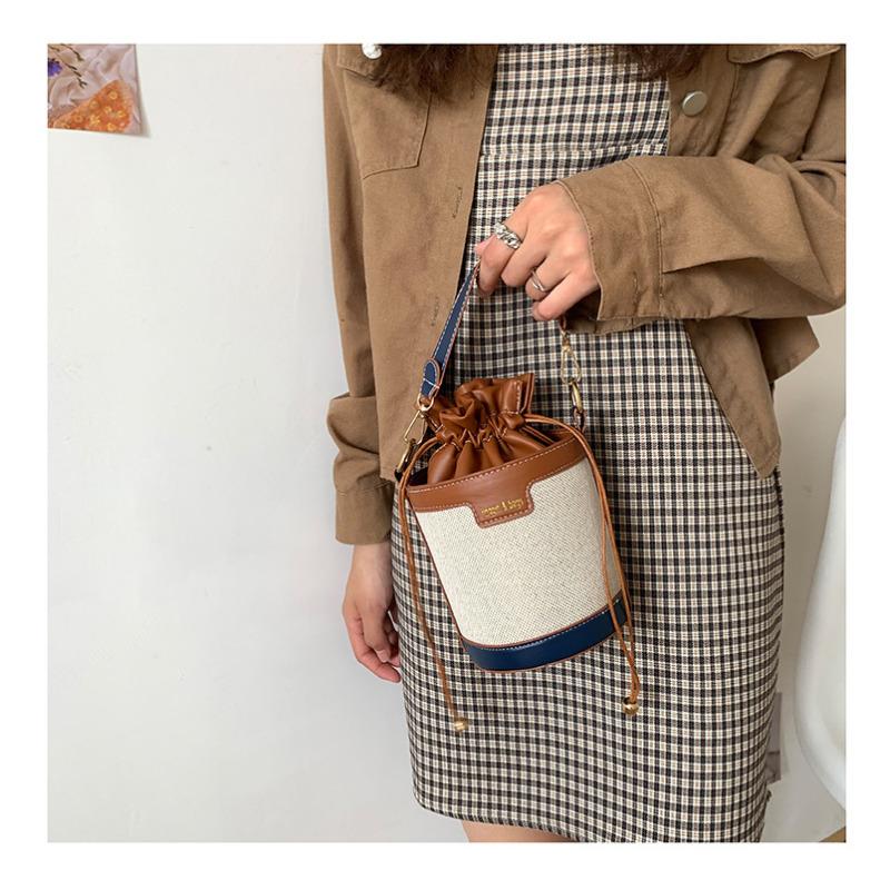 Vintage Color Block Bucket Bag Trendy Shoulder Purse Fashion Round Cylinder Crossbody Handbag for Women CLE