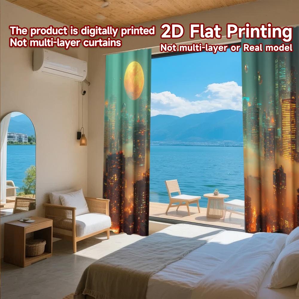 Set Of 2 Flat Printing Curtains Without Rod Futuristic City Sunset April Fools Is Day Holiday Digital Curtain Polyester