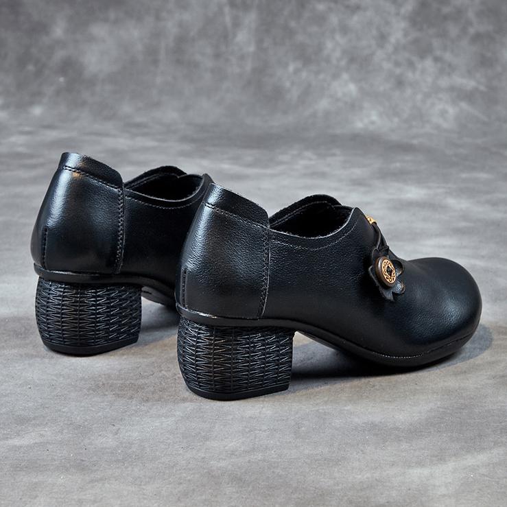 Johnature Echtleder-Pumps, Retro-Stil, runde Zehenpartie, dicker Absatz, weiche Sohle, einfarbig, vielseitige Damenschuhe