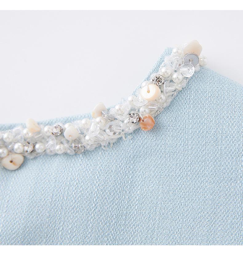 Diamond-Embellished Waist-Defining Linen Blend Dress - French Chic Women's Summer Style