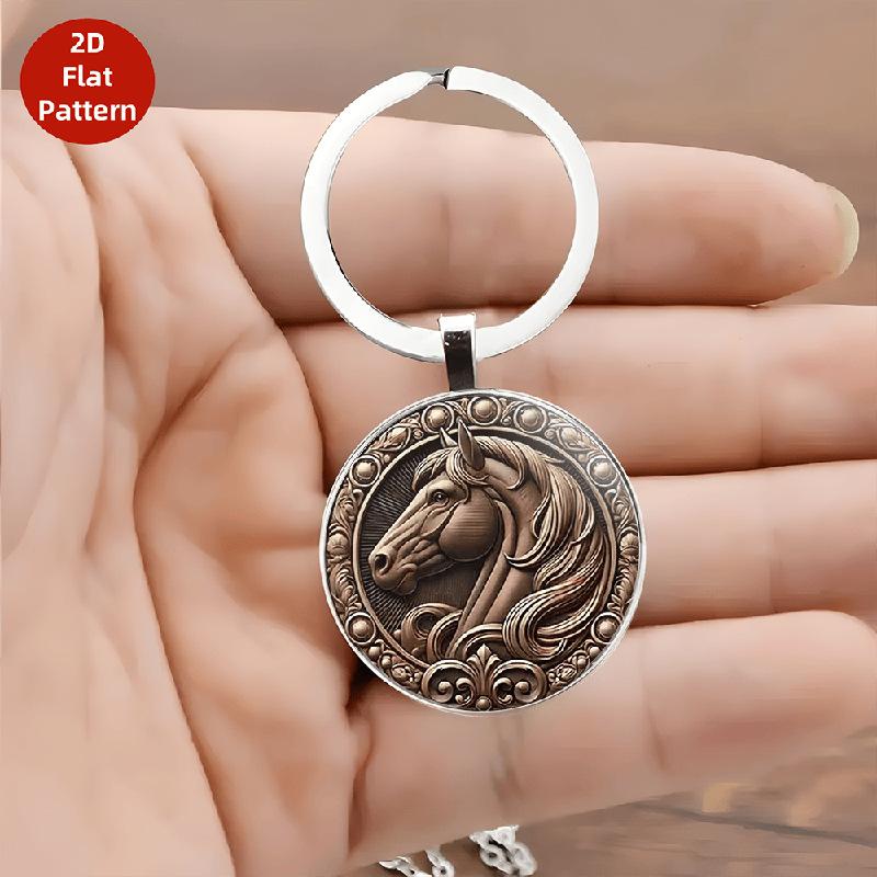 Vintage Horse Head Pattern Dome Glass Alloy Keychain Backpack Pendant Hanging Decoration Car Keyring New Year Gift
