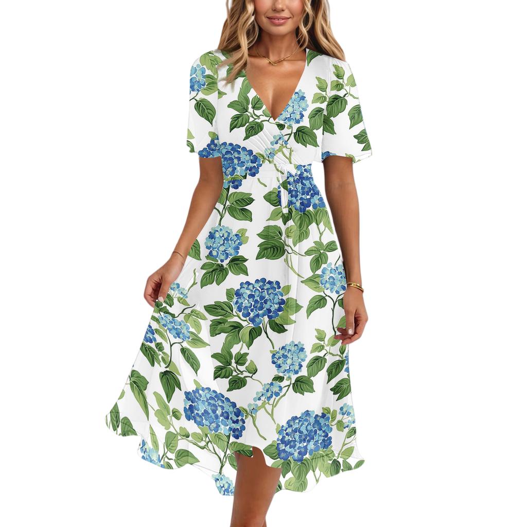 Women's Fashion Casual V Neck Short Sleeve Retro Floral Print Dress Midi Length Lightweight Summer Dress