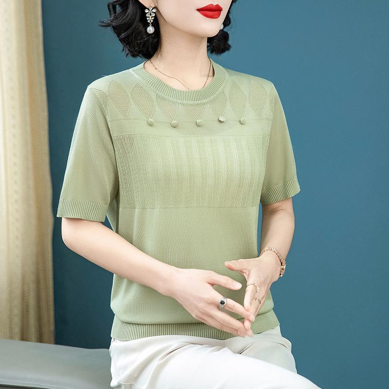 

Stylish Round Neck Mulberry Silk T-Shirt for Women - Summer Ice Silk Short Sleeve Knit Top for Mom 5XL (Recommended 150-165 lbs) зелёный