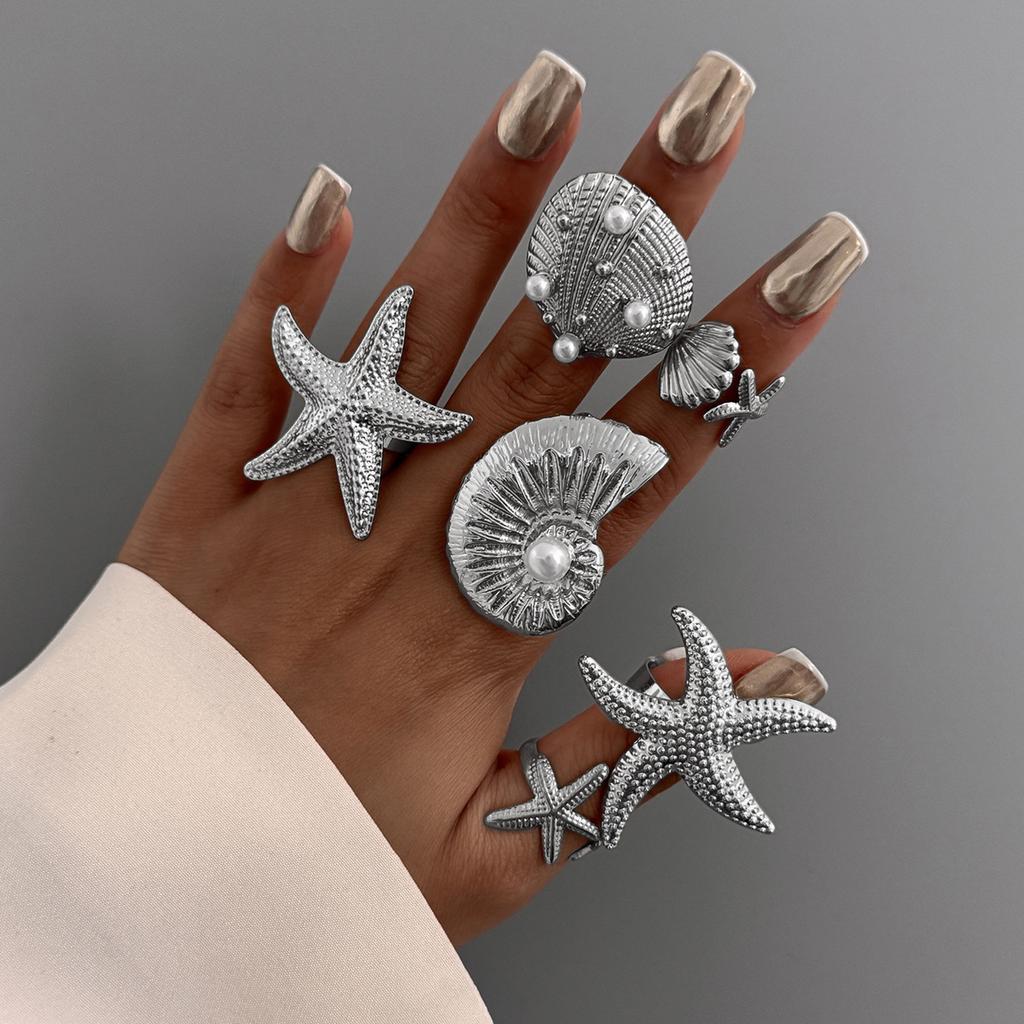 Ocean Wind Starfish Scallop Shell Ring Set, Stylish Imitation Pearl Conch Joint Ring Ring