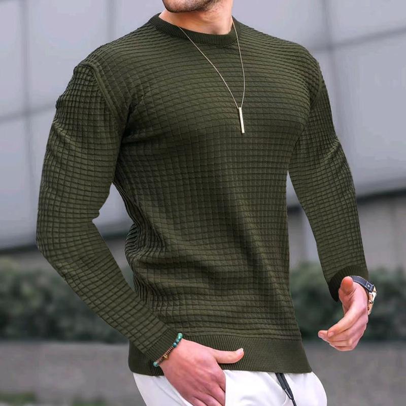 Men's Autumn Waffle Knit Loose Round Neck Long Sleeve Cotton Pullover