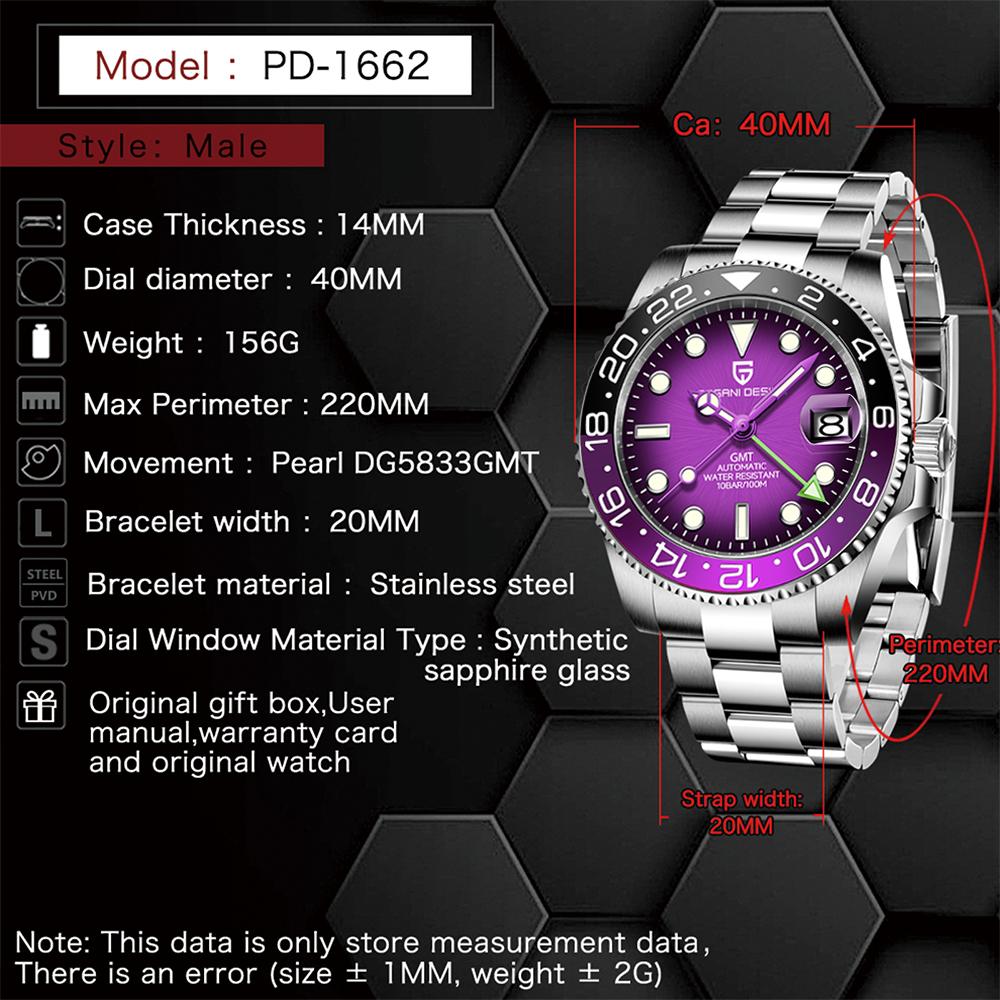 PAGANI DESIGN New Purple Dial GMT Men Mechanical Watch Sapphire Glass Stainless Steel Waterproof Automatic Watches for men