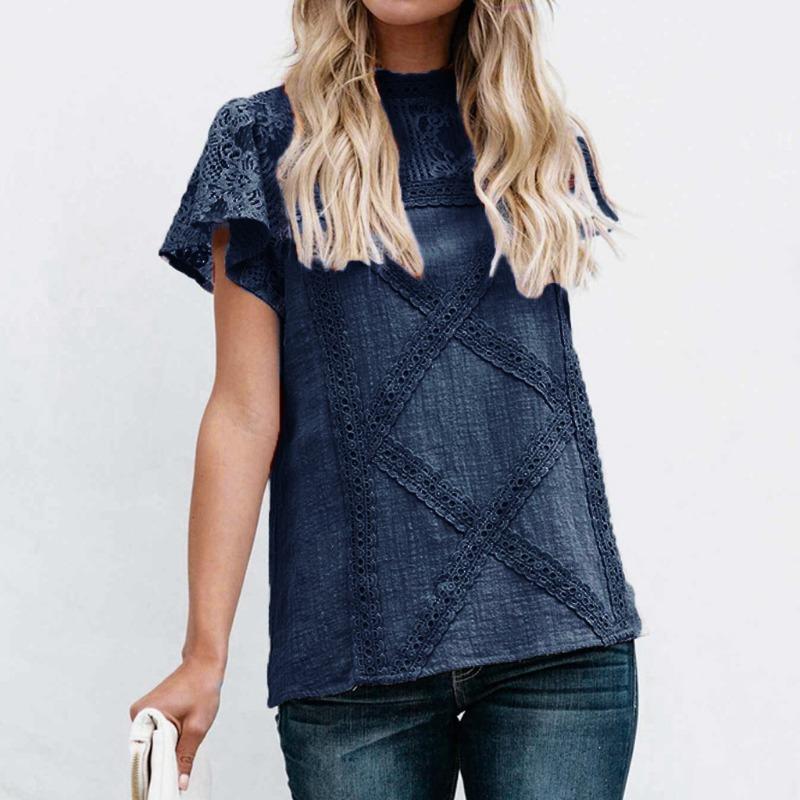 Summer Lace Tee Summer Short Sleeve Geometric Patchwork Lace Top