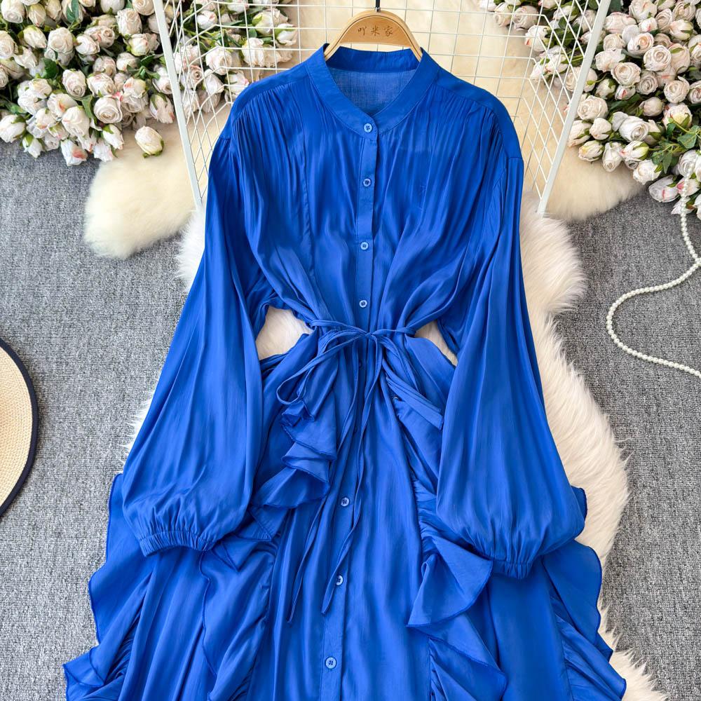 Jemný styl Temperament Bublinkové rukávy Stojáček Stahovaný pas Áčkový střih Volánový okraj Šifonové šaty Elegantní Velká kolová Dlouhé šaty