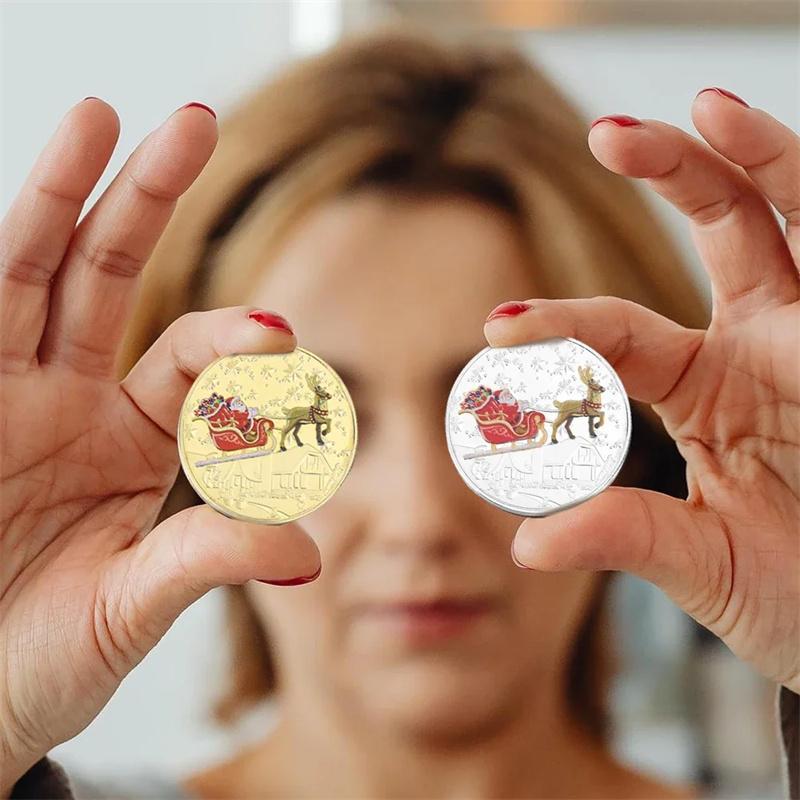 1Pcs Merry Christmas Plated Gold Coin Santa Claus Colorful Star Snow Collectible Coins Christmas Souvenirs