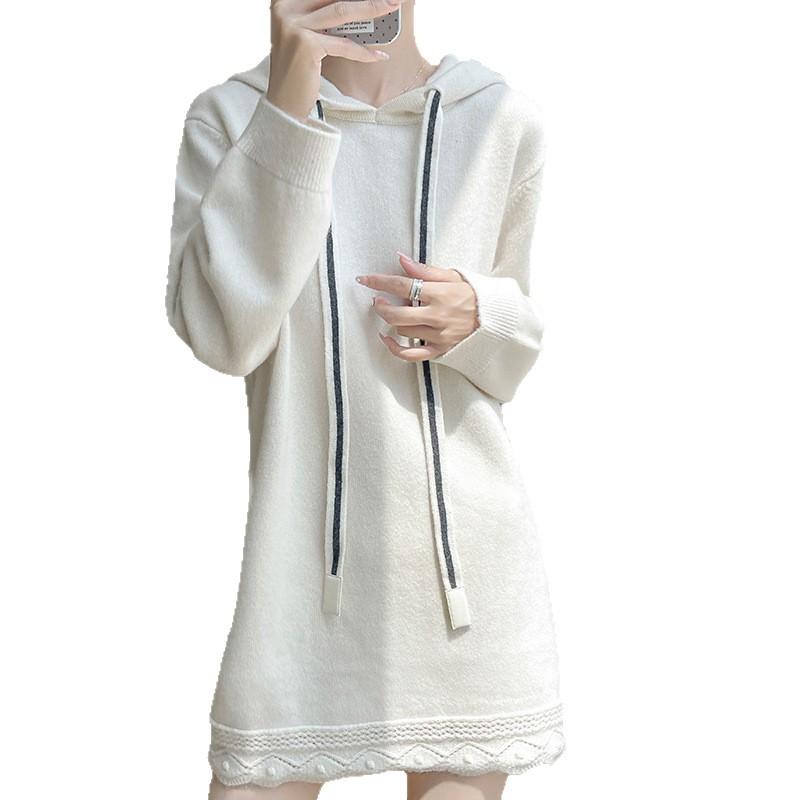 Autumn And Winter New Wool Hooded Knitted Dress Long-Sleeved Women'S Solid Color Soft Waxy Warm Medium And Long Dress