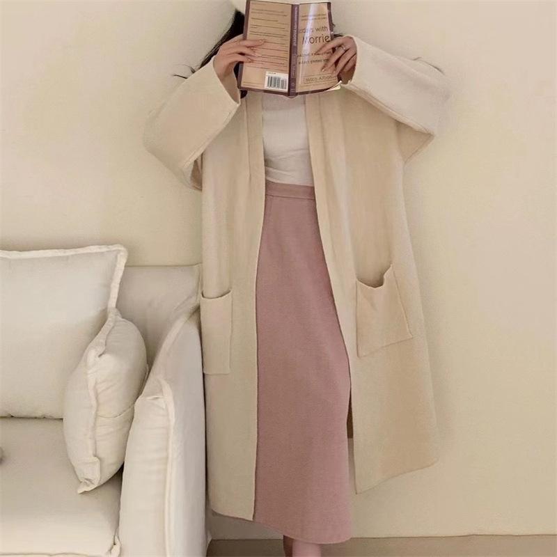 Autumn and Winter Lazy Wind In The Long Section of Large Pockets Sweater Female Retro Loose Thin Knitted Cardigan