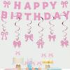 Bowknot Theme Party Decor Set Pink Tassel Banner Cake Toppers Gold Glitter Spiral Hanging Ornaments Girls Birthday Party Decor