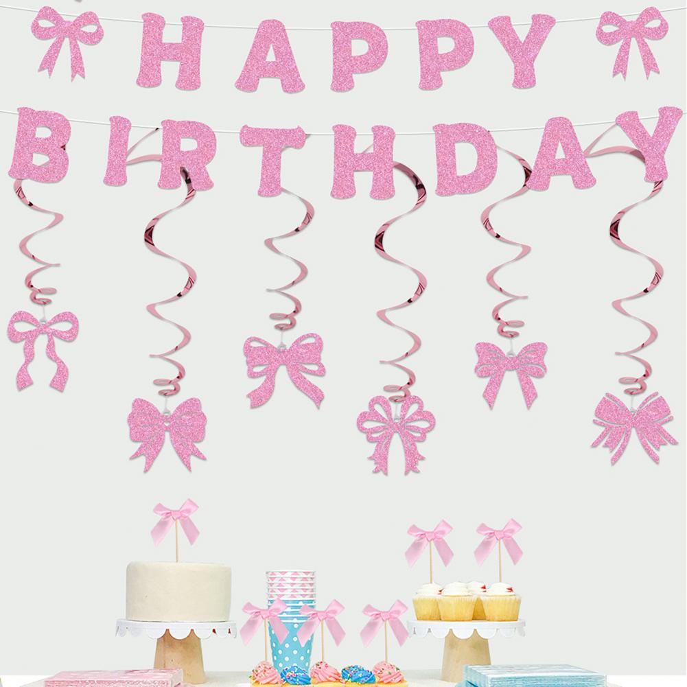 Bowknot Theme Party Decor Set Pink Tassel Banner Cake Toppers Gold Glitter Spiral Hanging Ornaments Girls Birthday Party Decor