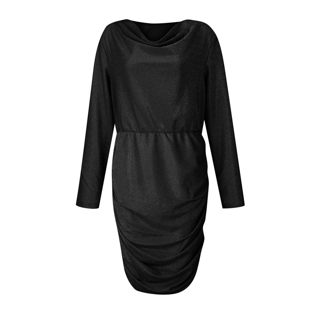 Fashion Women's Solid Color Glitter Pile Collar Long Sleeve Ruffled Slim Fit Evening Dress