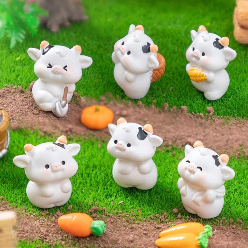 Cartoon Cow Figure Mini Miniatures Animal Garden Terrarium Resin Decorations Stakes Craft Landscaping Sculpture