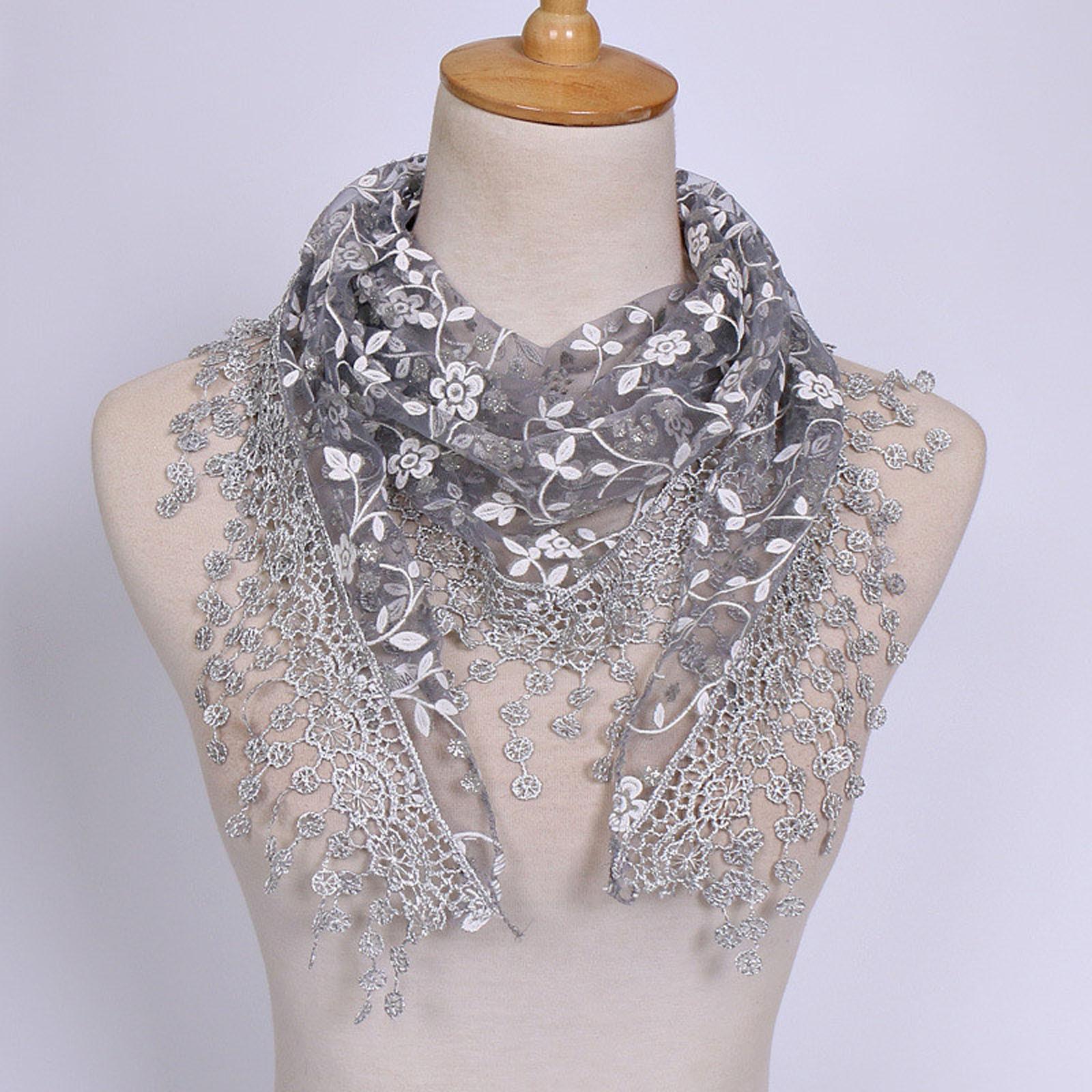Women Lace Sheer Floral Scarf Shawl Wrap Tassel Scarf One Size