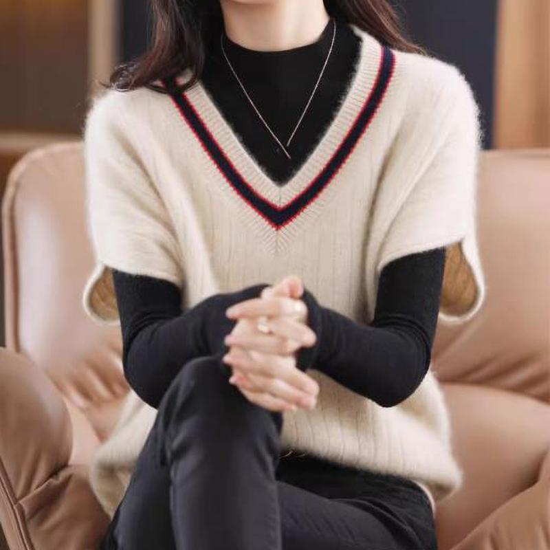 Women's Short Sleeve Knitted Vest Spring Fall Contrast V Neck Pullovers Jumper Loose Casual Ladies Gilet Sweater