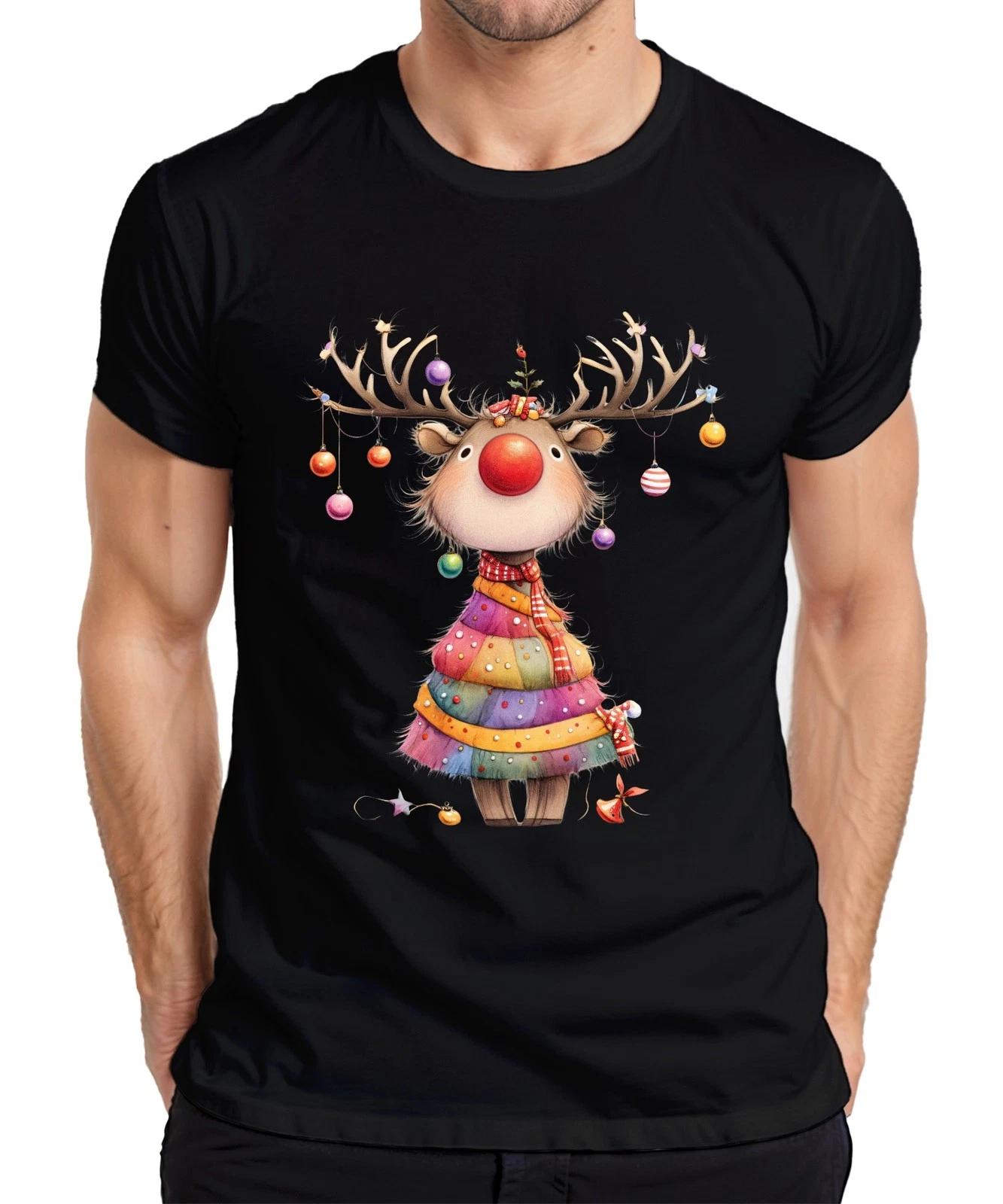 Reindeer Red Nose Antlers Christmas Baubles Patchwork Xmas Mens T-Shirt- S