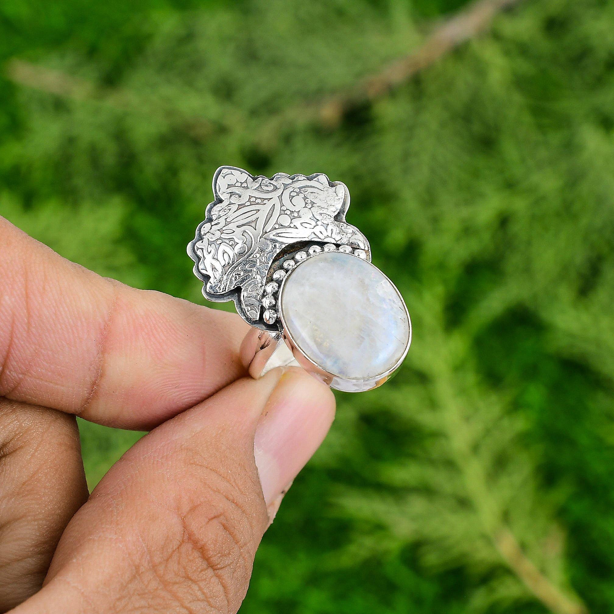 

Easter Deal Oval Rainbow Moonstone Stone Bezel Promise Ring 925 Sterling Silver Adjustable