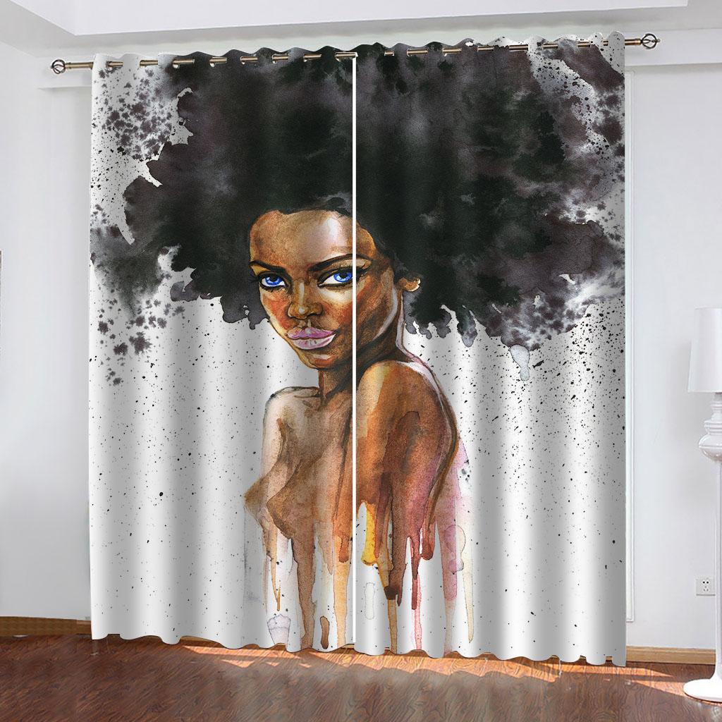 Window Curtains 3D African Dark Skin Woman Printed Curtains For Boys Bedroom Living Room, Room Fashion 2 Pieces