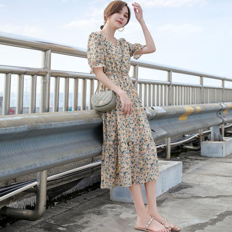 Vestido francés de gasa con cuello en V y flores, versión coreana de verano, cintura oculta, elegante, suelto, talla grande