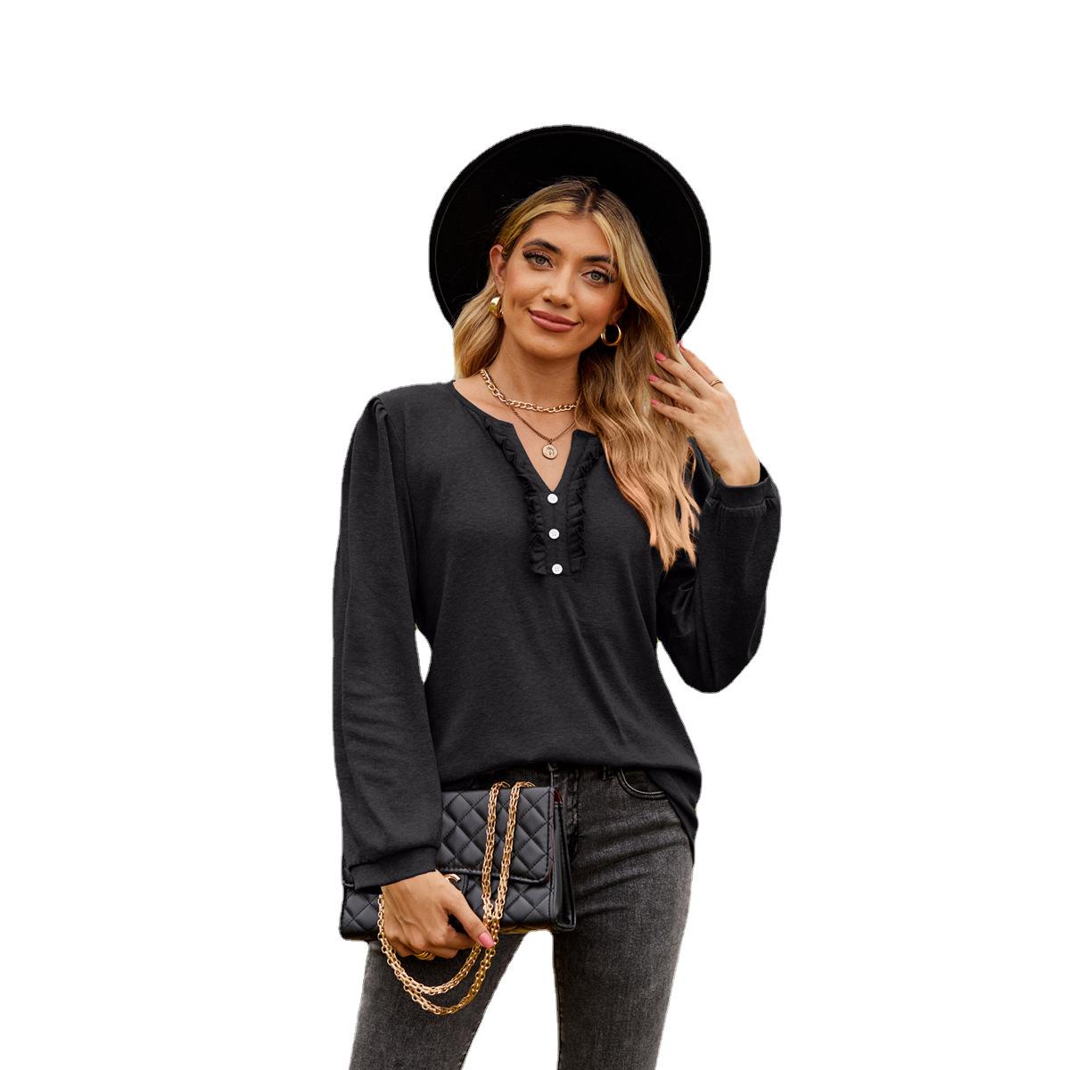 

Весенне-осенняя женская блузка, однотонные топы с длинными рукавами и v-образным вырезом на пуговицах, деревянные кромки ушек и объемные рукава XXL чёрный