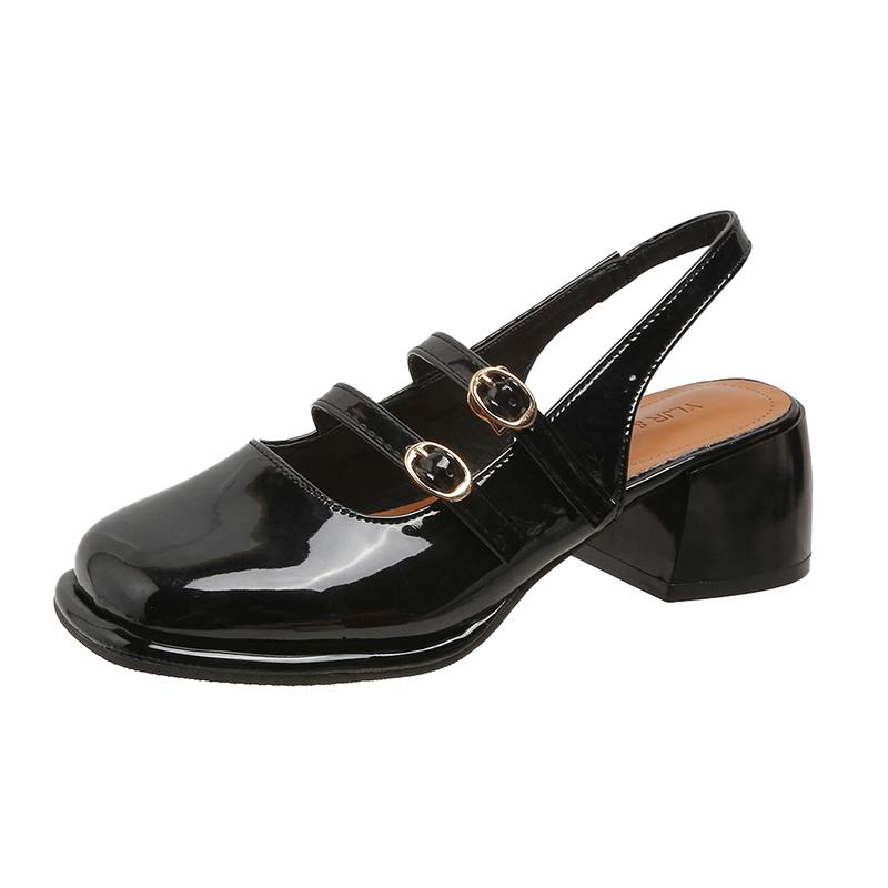 

2024 Летние элегантные женские босоножки, модные женские туфли-лодочки на среднем каблуке с вырезом, повседневные туфли Мэри Джейн с квадратным носком 40 чёрный