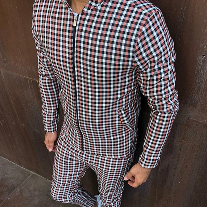 European American Men's Casual Sportswear Autumn New Stand-Up Collar Zip Cardigan Jacket+Fashion Trousers Grid Suits