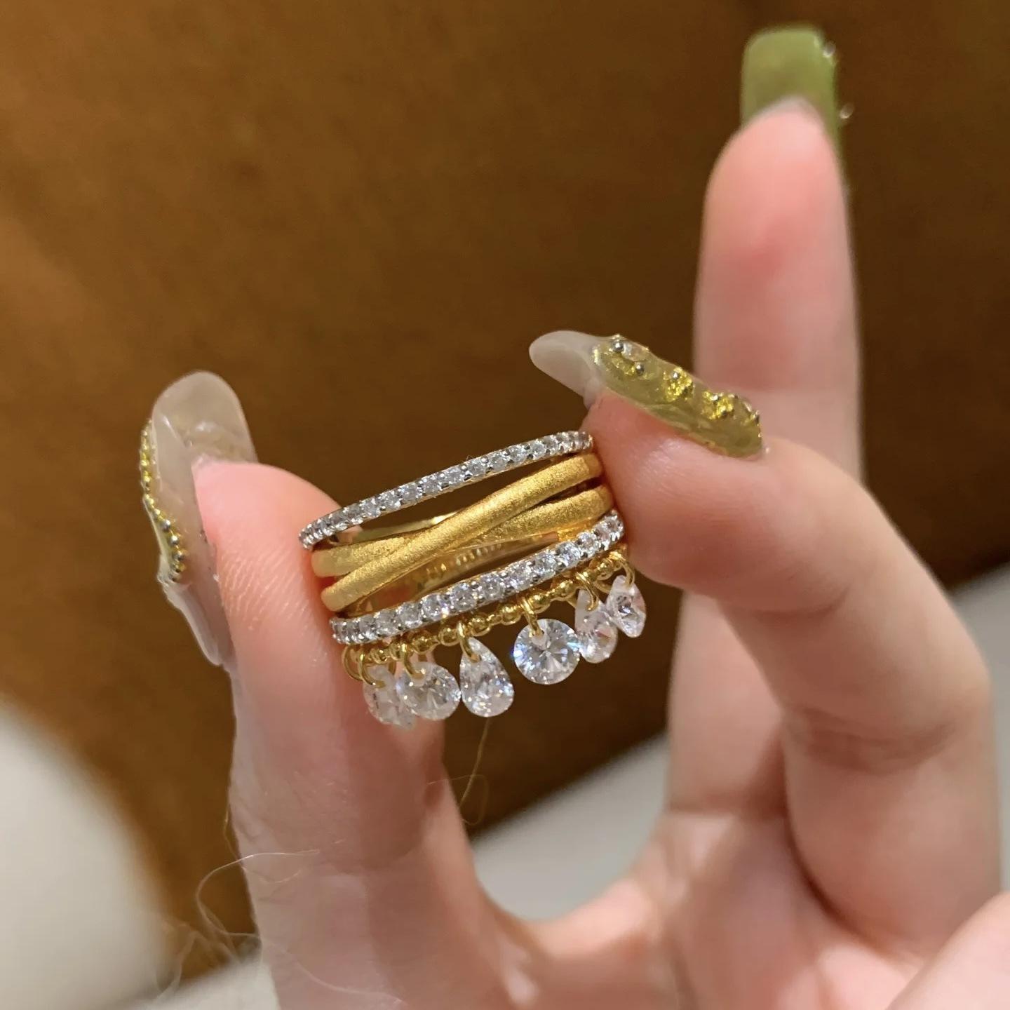 

Vintage Bead Curtains Three Brushed Diamond Inlay Tassel Rings For Women Exquisite Crystal Water Drop Engagement Ring Jewelry resizable