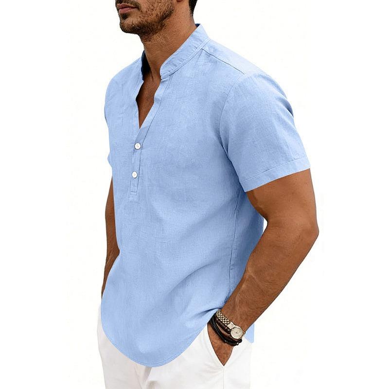 Men's New American Style Summer Henley V-Neck T-Shirt, Loose Breathable Linen Casual Commute Short Sleeve Tee